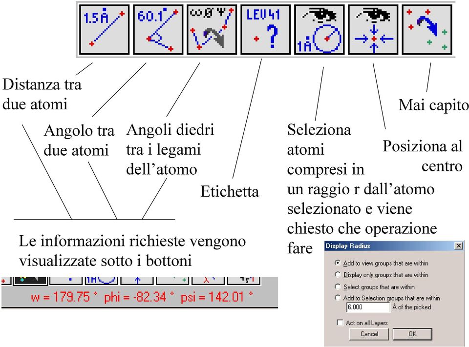 sotto i bottoni Mai capito Seleziona atomi Posiziona al compresi in