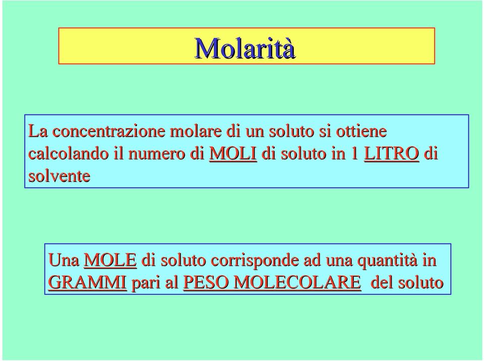 LITRO di solvente Una MOLE di soluto corrisponde ad