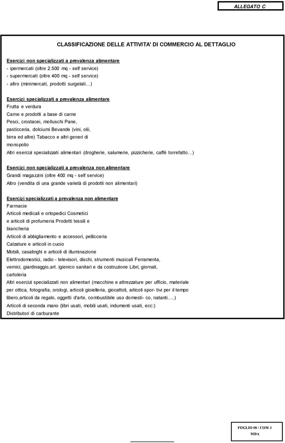 di carne Pesci, crostacei, molluschi Pane, pasticceria, dolciumi Bevande (vini, olii, birra ed altre) Tabacco e altri generi di monopolio Altri esercizi specializzati alimentari (drogherie,