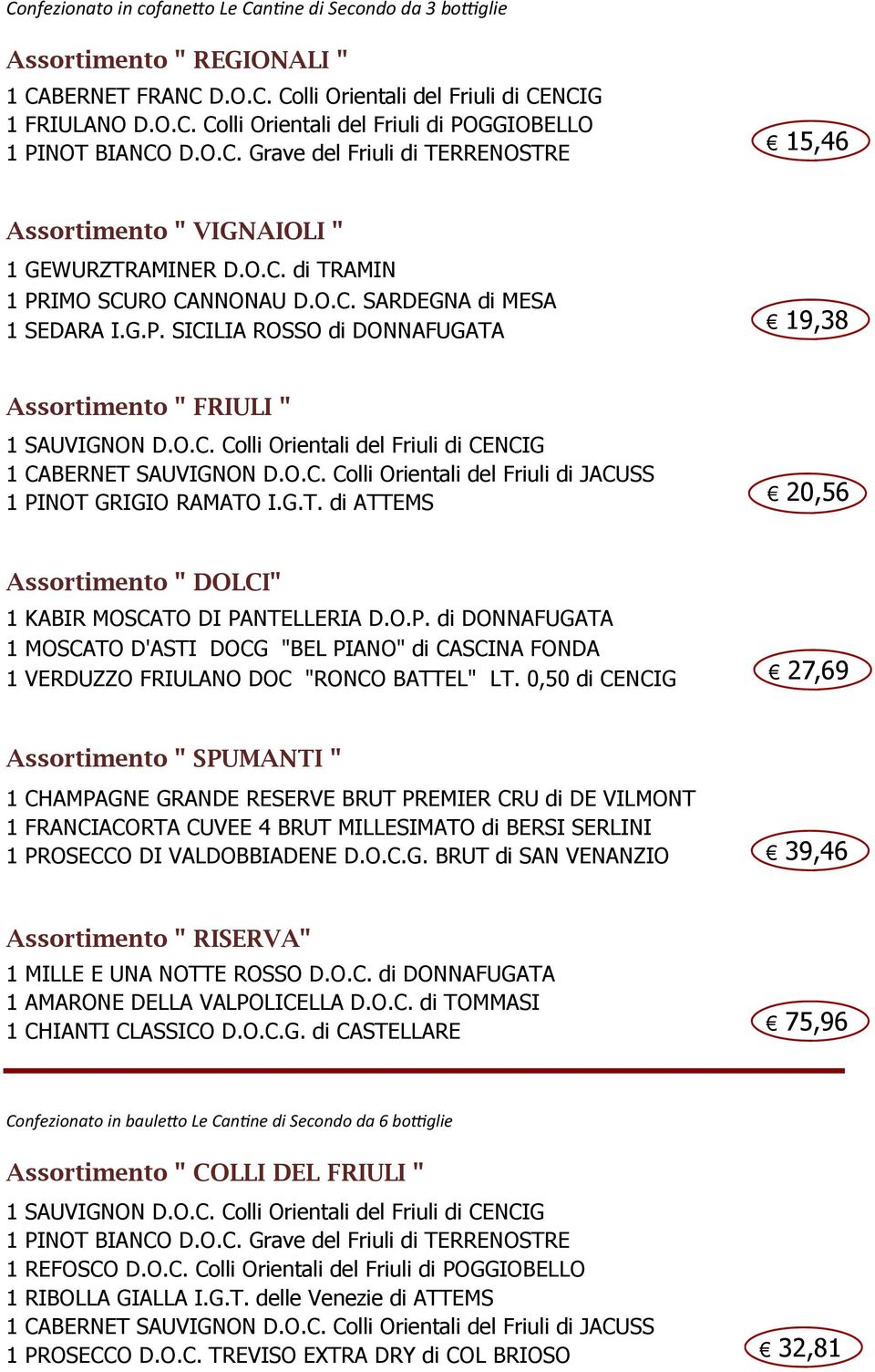 O.C. Colli Orientali del Friuli di CENCIG 1 CABERNET SAUVIGNON D.O.C. Colli Orientali del Friuli di JACUSS 1 PINOT GRIGIO RAMATO I.G.T. di ATTEMS 20,56 Assortimento " DOLCI" 1 KABIR MOSCATO DI PANTELLERIA D.