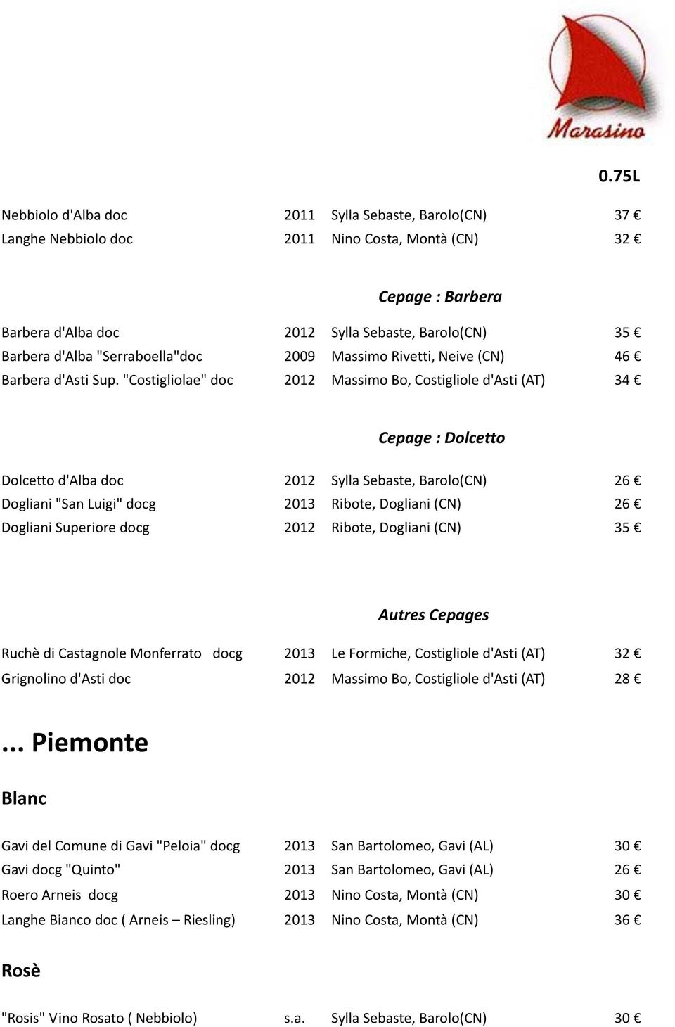 "Costigliolae" doc 2012 Massimo Bo, Costigliole d'asti (AT) 34 Cepage : Dolcetto Dolcetto d'alba doc 2012 Sylla Sebaste, Barolo(CN) 26 Dogliani "San Luigi" docg 2013 Ribote, Dogliani (CN) 26 Dogliani