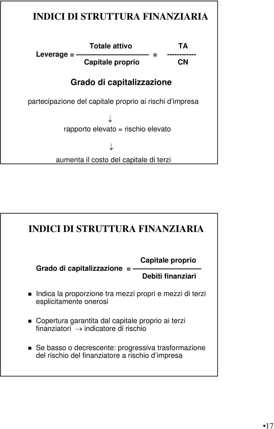 Grado di capitalizzazione = Debiti finanziari Indica la proporzione tra mezzi propri e mezzi di terzi esplicitamente onerosi Copertura garantita dal