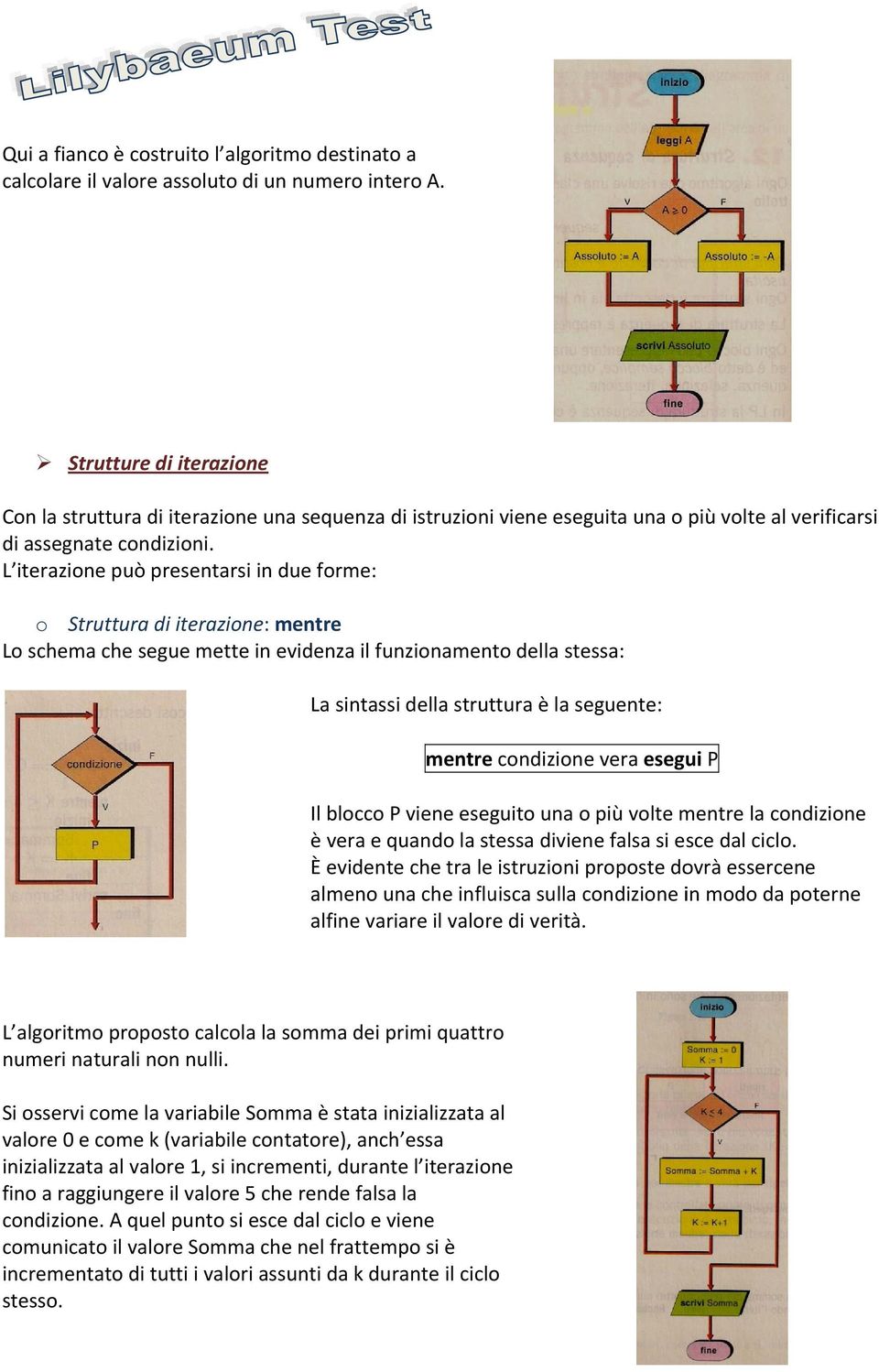 L iterazione può presentarsi in due forme: o Struttura di iterazione: mentre Lo schema che segue mette in evidenza il funzionamento della stessa: La sintass della struttura è la seguente: mentree