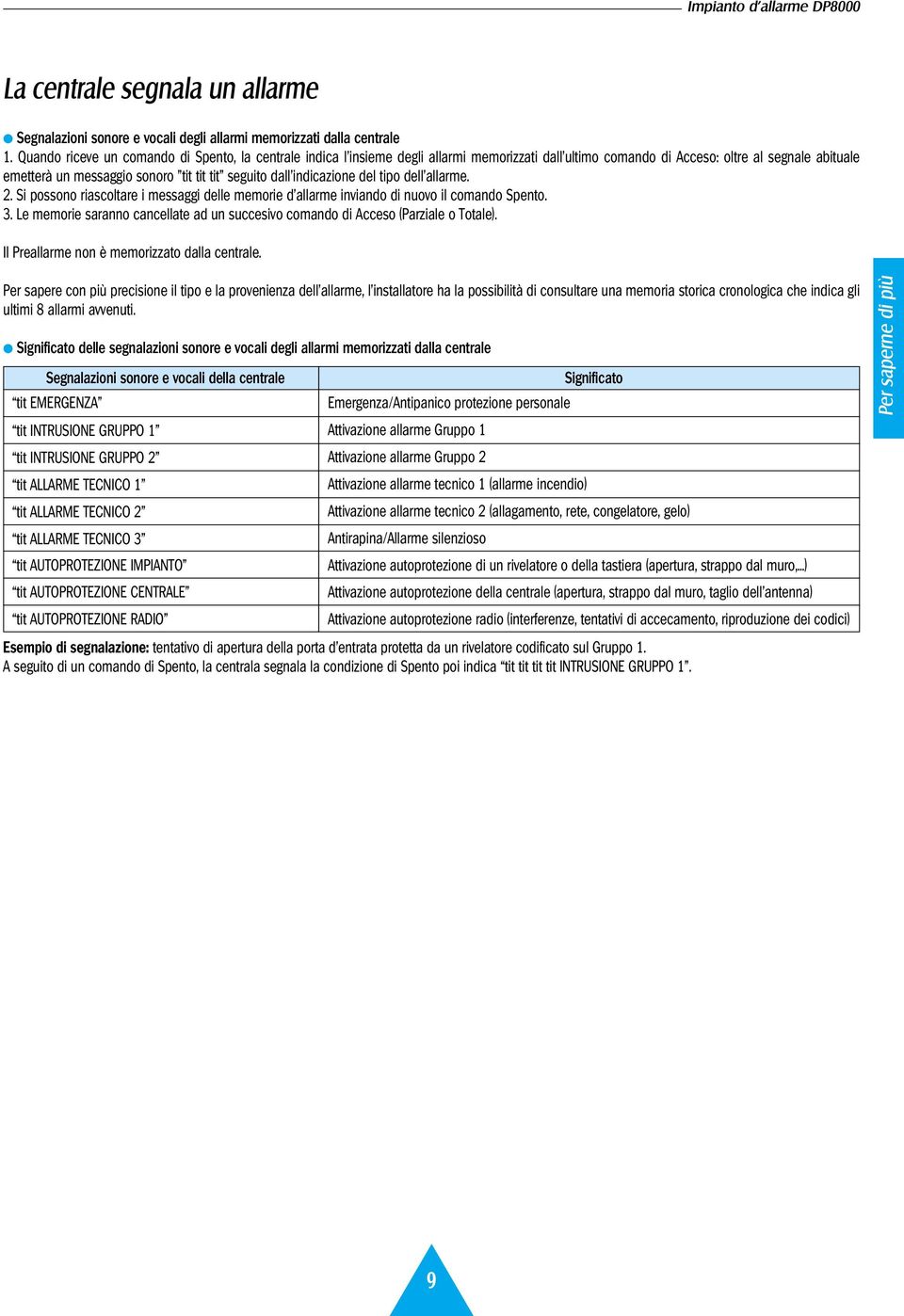 dall'indicazione del tipo dell'allarme. 2. Si possono riascoltare i messaggi delle memorie d'allarme inviando di nuovo il comando Spento. 3.