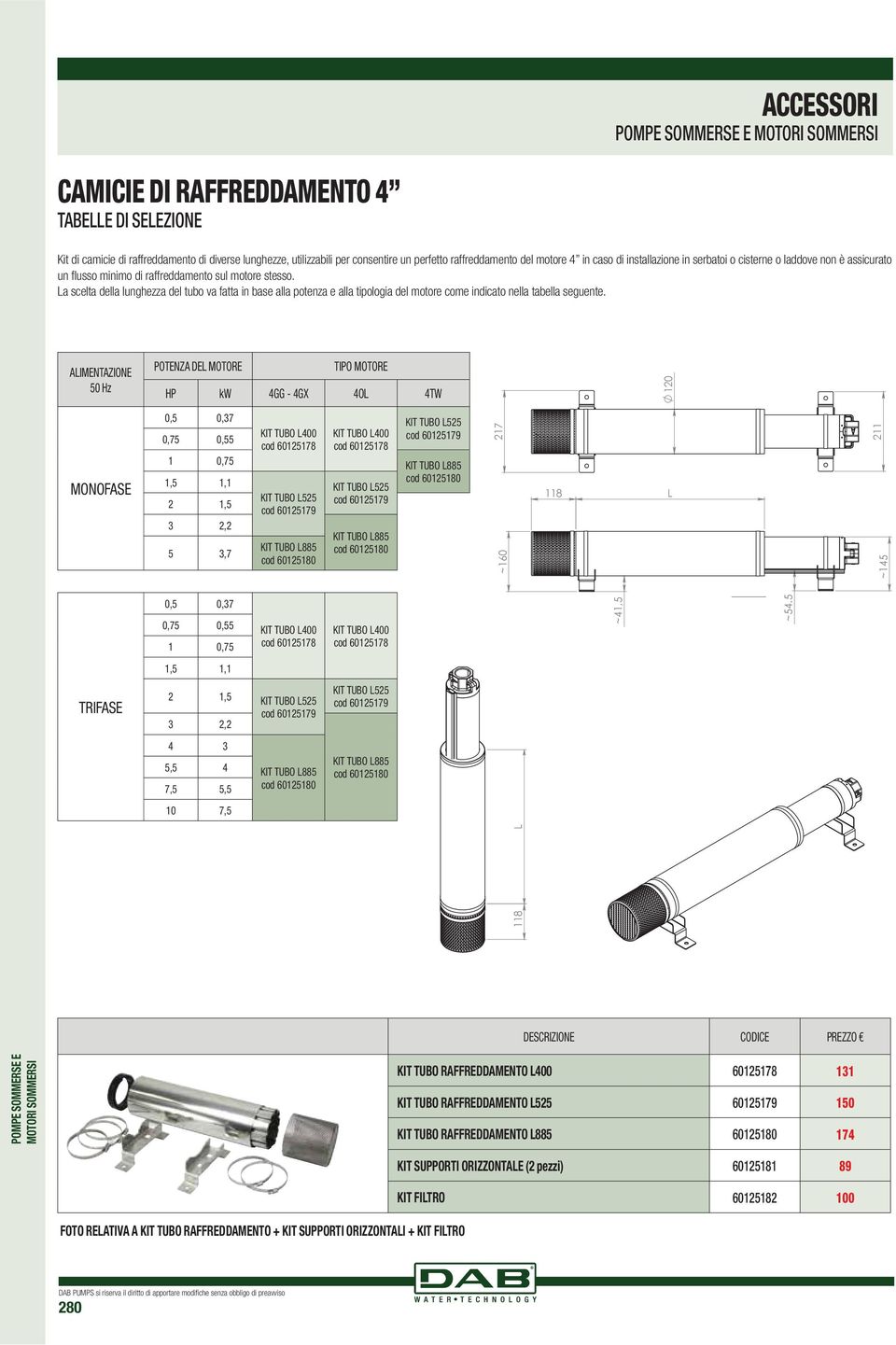 La scelta della lunghezza del tubo va fatta in base alla potenza e alla tipologia del motore come indicato nella tabella seguente.