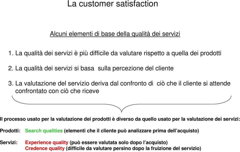 La valutazione del servizio deriva dal confronto di ciò che il cliente si attende confrontato con ciò che riceve Il processo usato per la valutazione dei prodotti è