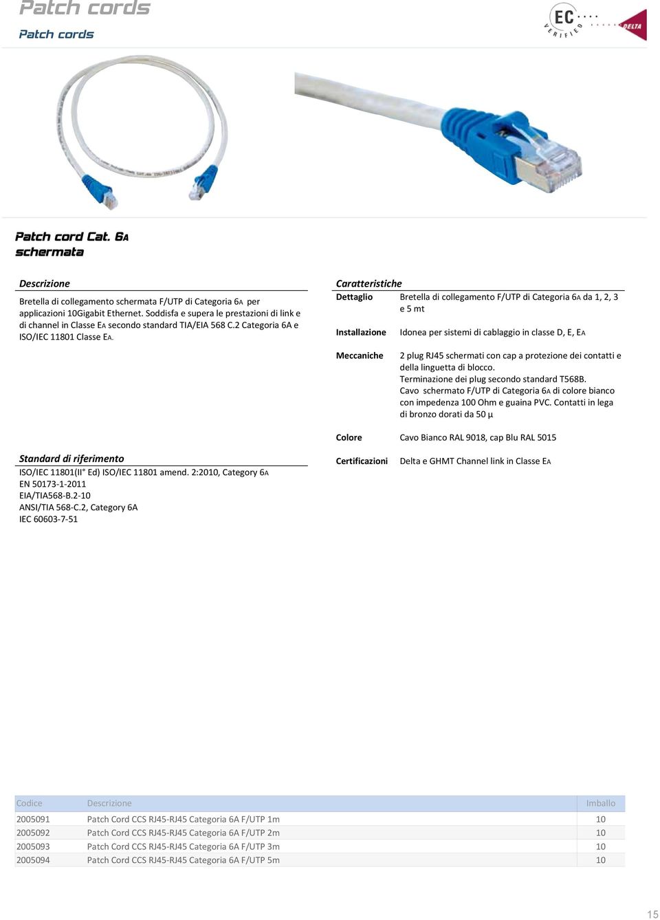 Caratteristiche Dettaglio Bretella di collegamento F/UTP di Categoria 6A da 1, 2, 3 e 5 mt Installazione Idonea per sistemi di cablaggio in classe D, E, EA Meccaniche 2 plug RJ45 schermati con cap a