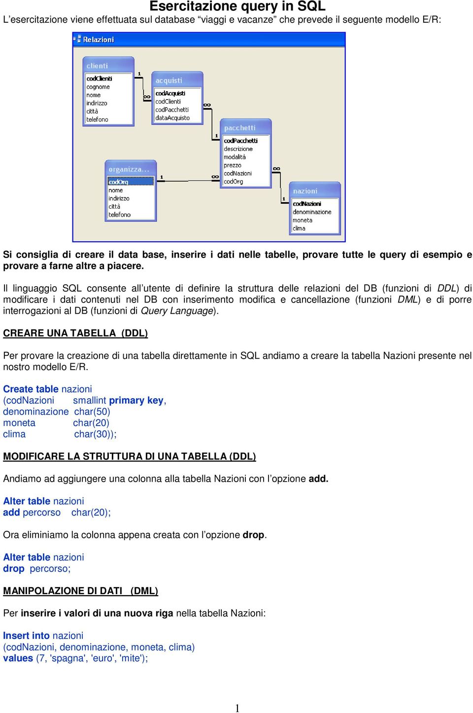 Il linguaggio SQL consente all utente di definire la struttura delle relazioni del DB (funzioni di DDL) di modificare i dati contenuti nel DB con inserimento modifica e cancellazione (funzioni DML) e