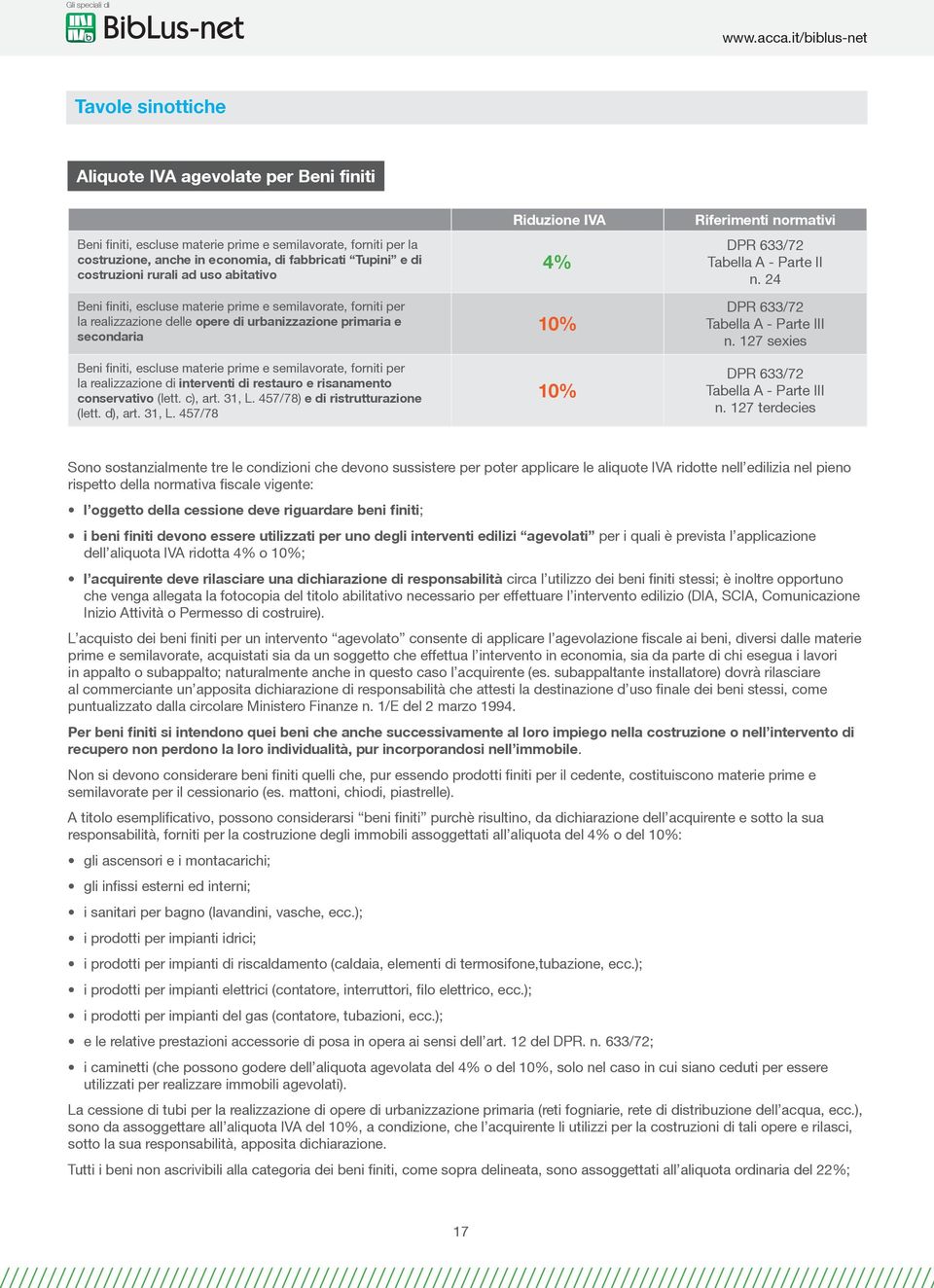 forniti per la realizzazione di interventi di restauro e risanamento conservativo (lett. c), art. 31, L. 457/78) e di ristrutturazione (lett. d), art. 31, L. 457/78 Riduzione IVA 4% Riferimenti normativi n.