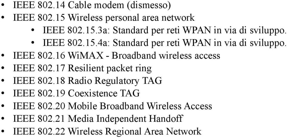17 Resilient packet ring IEEE 802.18 Radio Regulatory TAG IEEE 802.19 Coexistence TAG IEEE 802.