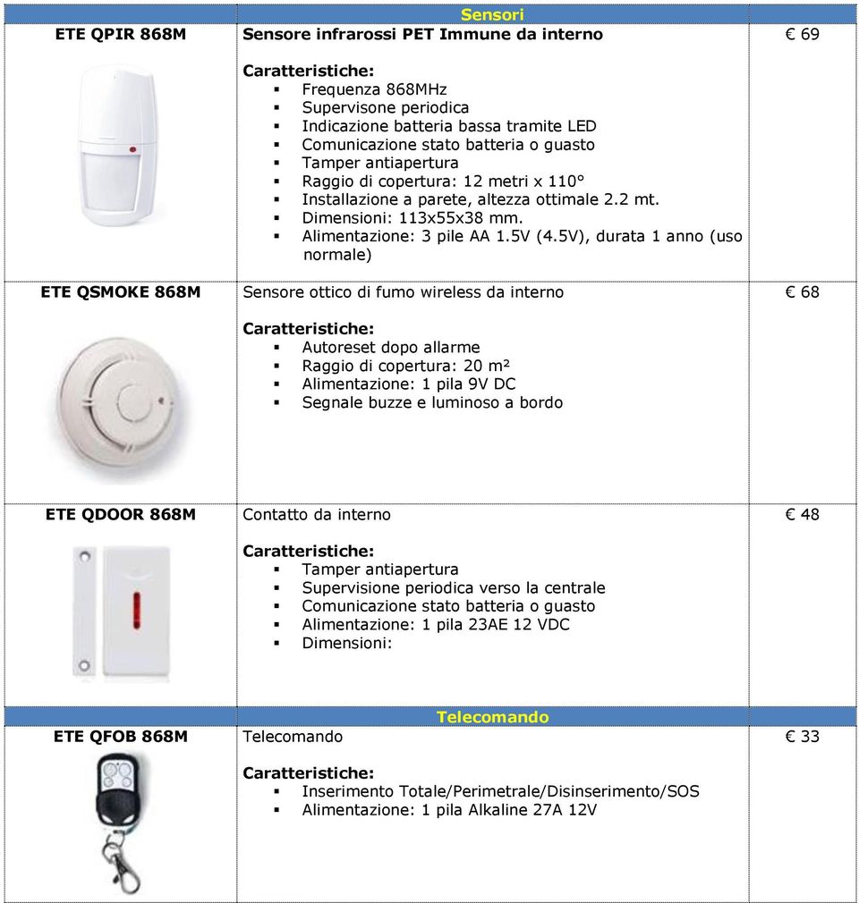 5V), durata 1 anno (uso normale) Sensore ottico di fumo wireless da interno Autoreset dopo allarme Raggio di copertura: 20 m² Alimentazione: 1 pila 9V DC Segnale buzze e luminoso a bordo 69 68 ETE