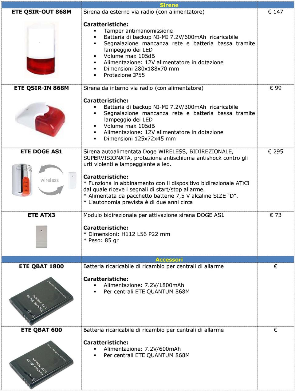 Sirena da interno via radio (con alimentatore) Batteria di backup NI-MI 7.