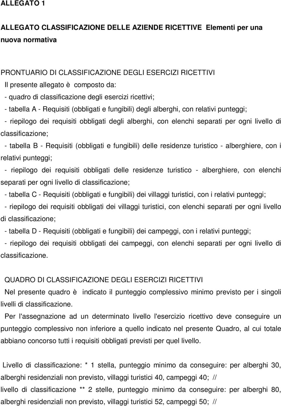 separati per ogni livello di classificazione; - tabella B - Requisiti (obbligati e fungibili) delle residenze turistico - alberghiere, con i relativi punteggi; - riepilogo dei requisiti obbligati