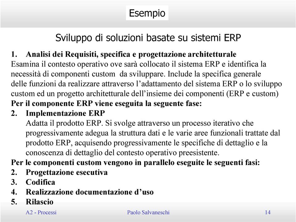 Include la specifica generale delle funzioni da realizzare attraverso l adattamento del sistema ERP o lo sviluppo customed un progetto architetturale dell insieme dei componenti (ERP e custom) Per il
