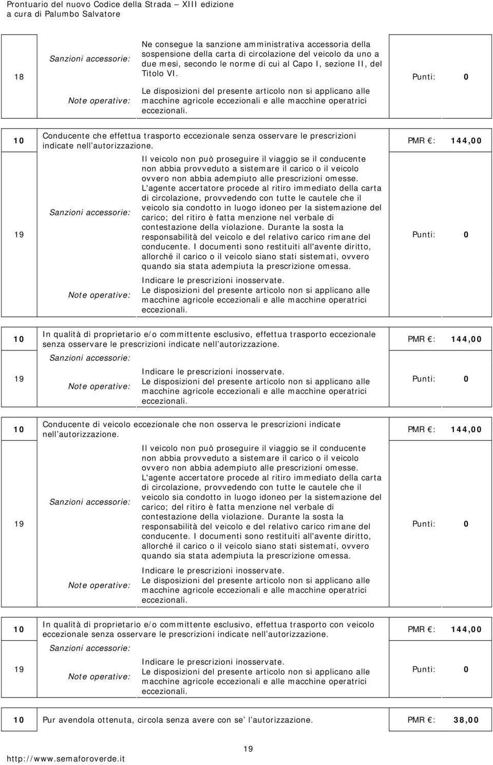 10 19 Conducente che effettua trasporto eccezionale senza osservare le prescrizioni indicate nell autorizzazione.