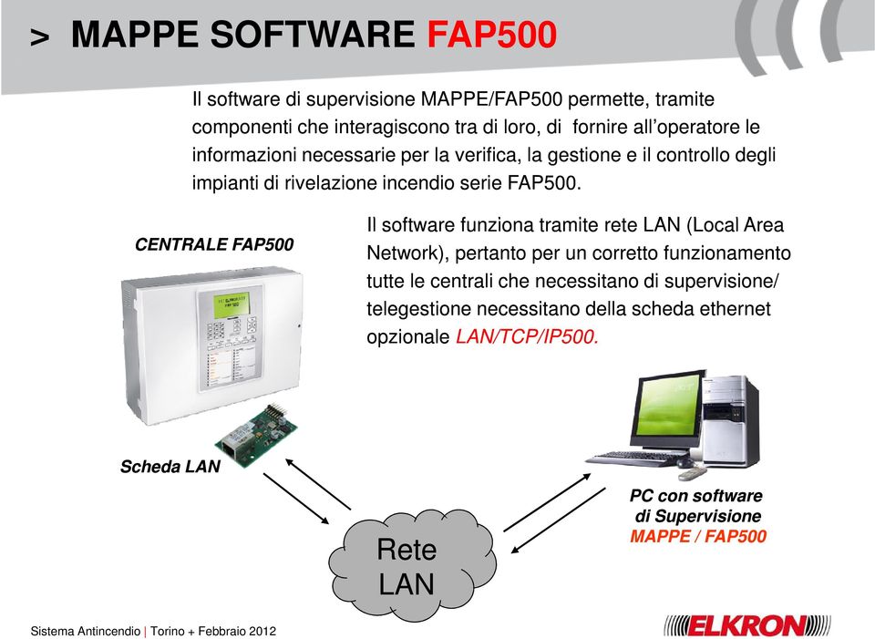 CENTRALE FAP500 Il software funziona tramite rete LAN (Local Area Network), pertanto per un corretto funzionamento tutte le centrali che