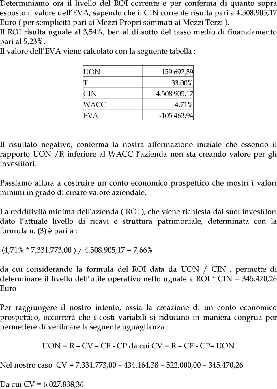 Il valore dell EVA viene calcolato con la seguente tabella : UON 159.692,39 T 33,00% CIN 4.508.905,17 WACC 4,71% EVA -105.