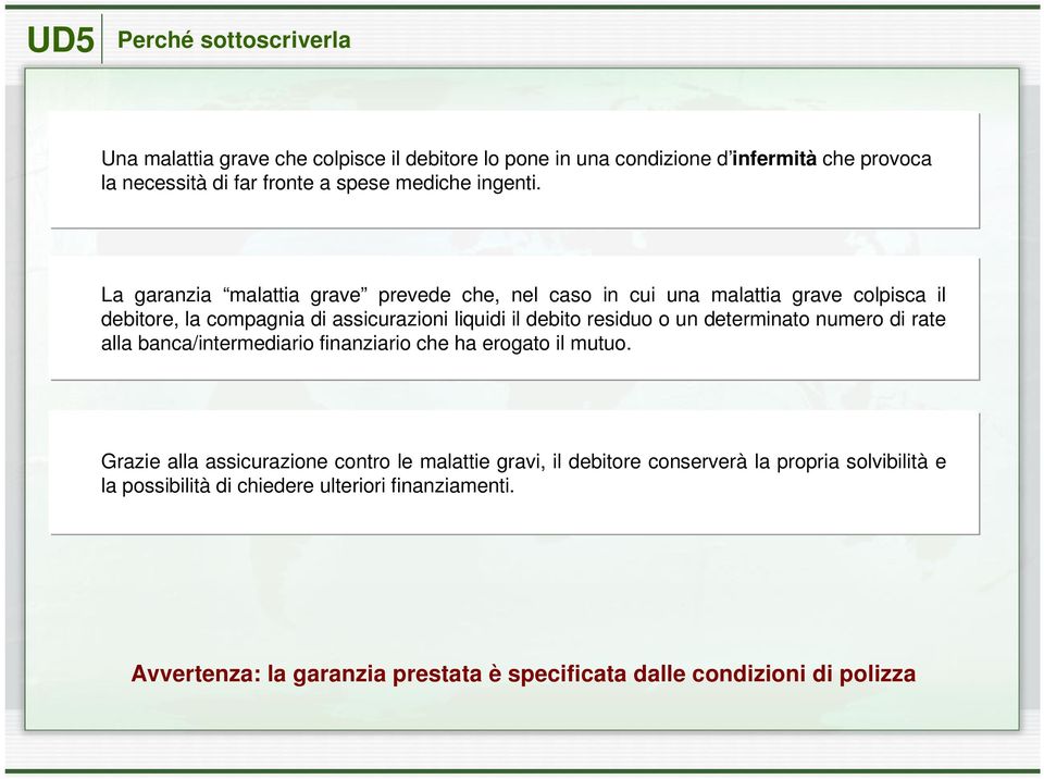 La garanzia malattia grave prevede che, nel caso in cui una malattia grave colpisca il debitore, la compagnia di assicurazioni liquidi il debito residuo o un