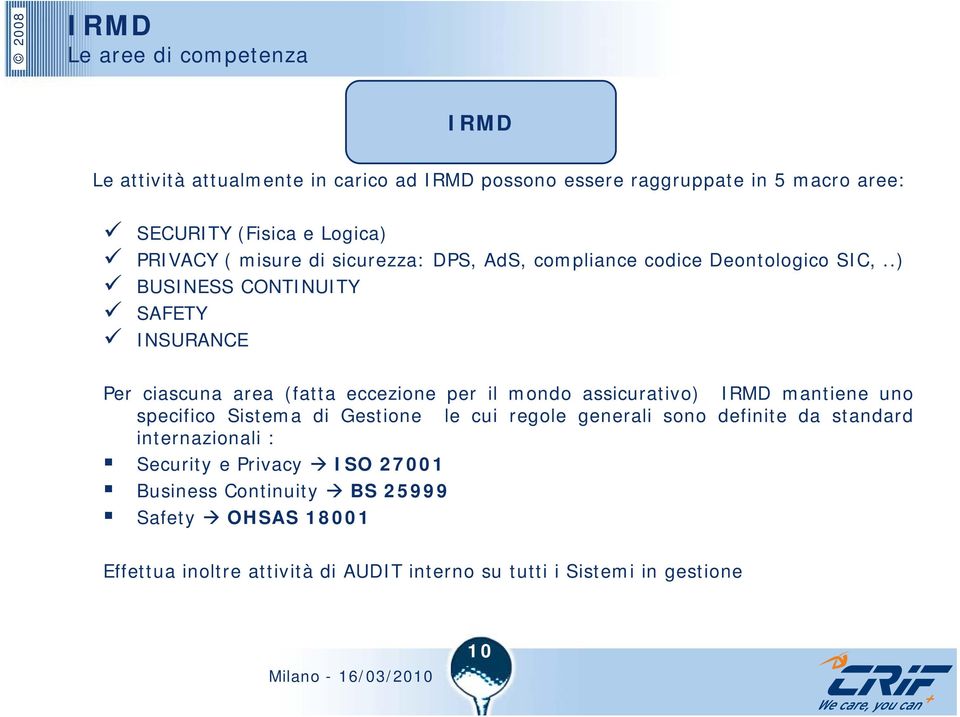 .) BUSINESS CONTINUITY SAFETY INSURANCE Per ciascuna area (fatta eccezione per il mondo assicurativo) IRMD mantiene uno specifico Sistema di