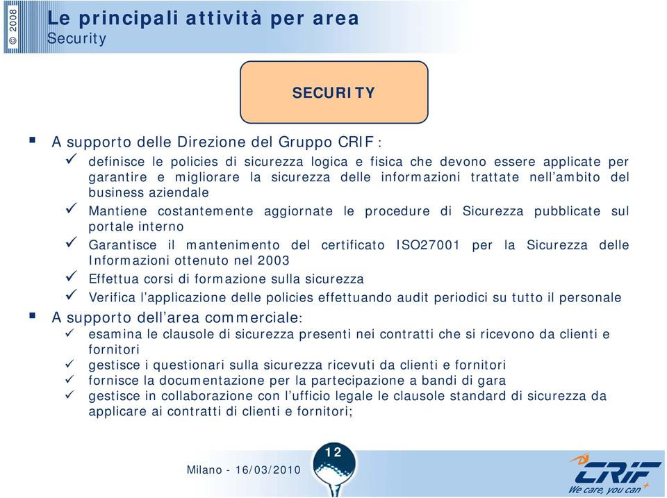 mantenimento del certificato ISO27001 per la Sicurezza delle Informazioni ottenuto nel 2003 Effettua corsi di formazione sulla sicurezza Verifica l applicazione delle policies effettuando audit