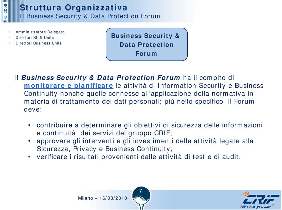 materia di trattamento dei dati personali; più nello specifico il Forum deve: contribuire a determinare gli obiettivi di sicurezza delle informazioni e continuità dei servizi del gruppo CRIF;