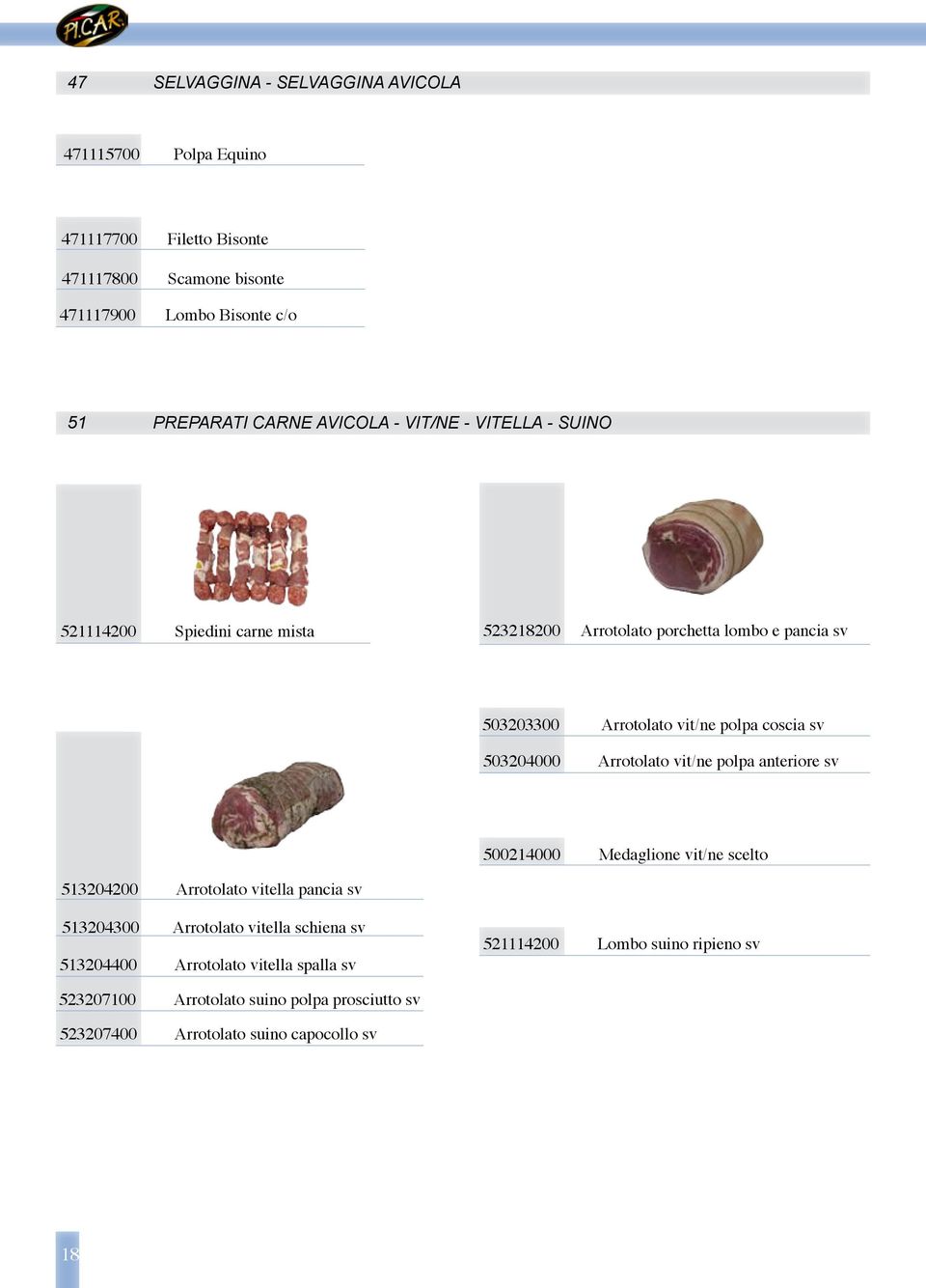 503204000 Arrotolato vit/ne polpa anteriore sv 500214000 Medaglione vit/ne scelto 513204200 Arrotolato vitella pancia sv 513204300 Arrotolato vitella schiena