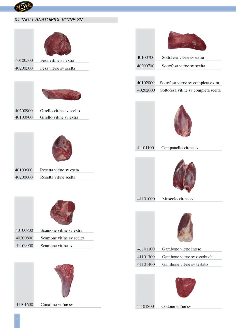 vit/ne sv 40100600 Rosetta vit/ne sv extra 40200600 Rosetta vit/ne scelta 41101000 Muscolo vit/ne sv 40100800 Scamone vit/ne sv extra 40200800 Scamone vit/ne sv scelto