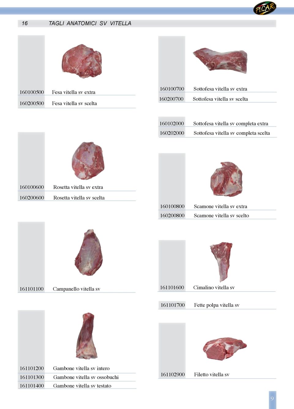 vitella sv scelta 160100800 Scamone vitella sv extra 160200800 Scamone vitella sv scelto 161101100 Campanello vitella sv 161101600 Cimalino vitella sv 161101700
