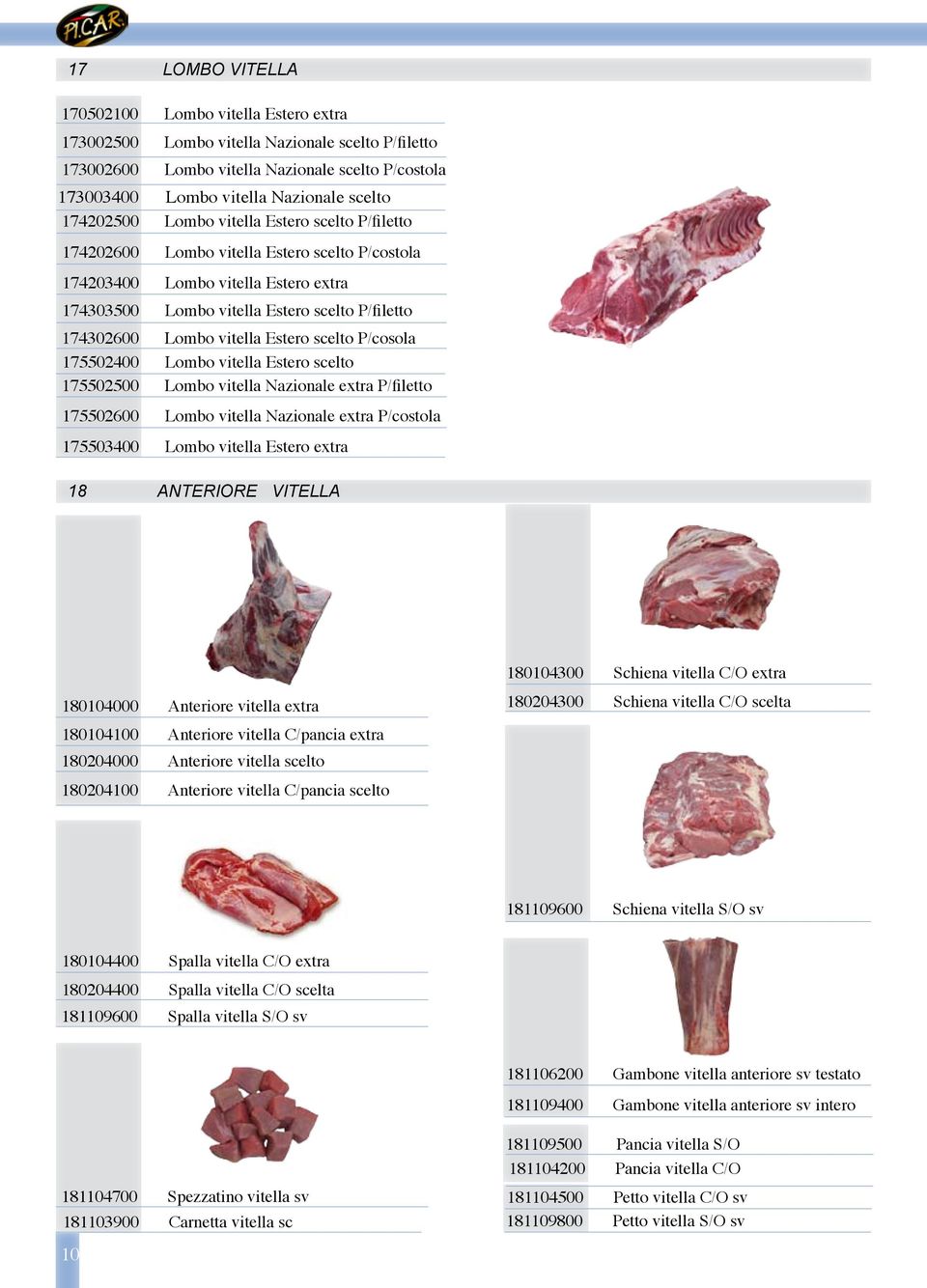 vitella Estero scelto P/cosola 175502400 Lombo vitella Estero scelto 175502500 Lombo vitella Nazionale extra P/filetto 175502600 Lombo vitella Nazionale extra P/costola 175503400 Lombo vitella Estero