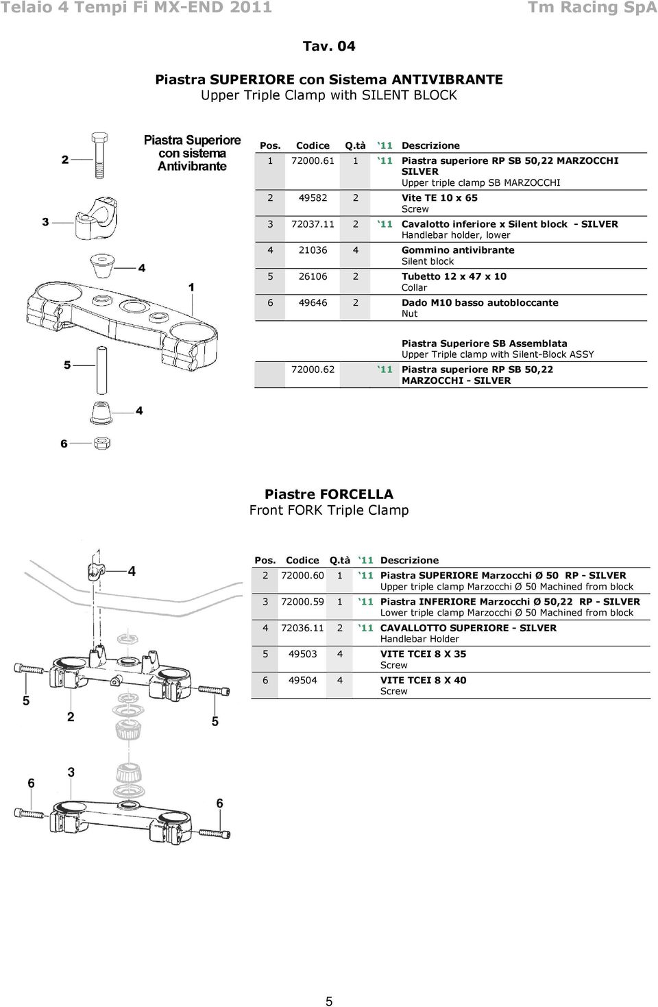 11 2 11 Cavalotto inferiore x Silent block - SILVER Handlebar holder, lower 4 21036 4 Gommino antivibrante Silent block 5 26106 2 Tubetto 12 x 47 x 10 Collar 6 49646 2 Dado M10 basso autobloccante