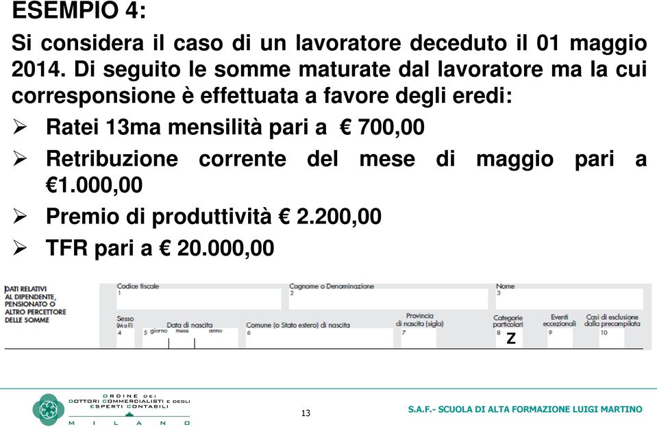 a favore degli eredi: Ratei 13ma mensilità pari a 700,00 Retribuzione corrente del