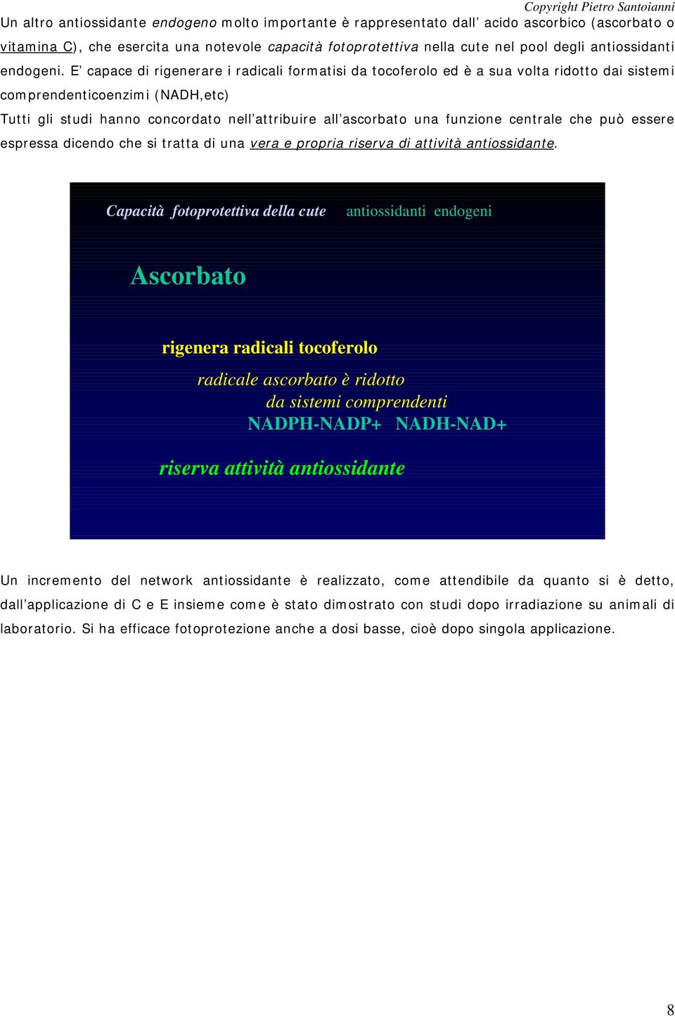 E capace di rigenerare i radicali formatisi da tocoferolo ed è a sua volta ridotto dai sistemi comprendenticoenzimi (NADH,etc) Tutti gli studi hanno concordato nell attribuire all ascorbato una