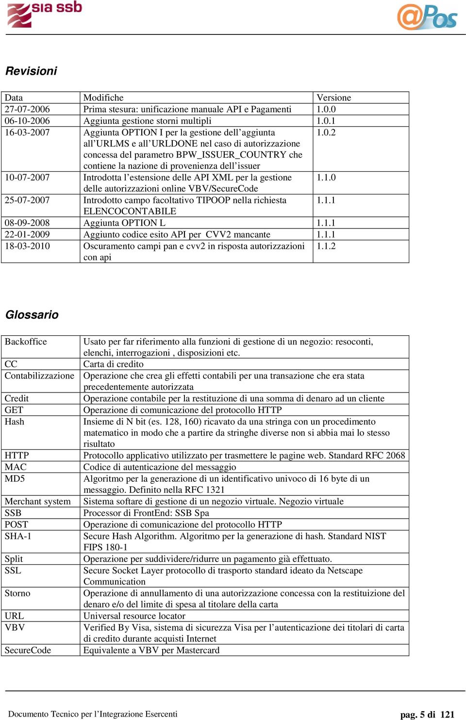 per la gestione 1.1.0 delle autorizzazioni online VBV/SecureCode 25-07-2007 Introdotto campo facoltativo TIPOOP nella richiesta 1.1.1 ELENCOCONTABILE 08-09-2008 Aggiunta OPTION L 1.1.1 22-01-2009 Aggiunto codice esito API per CVV2 mancante 1.