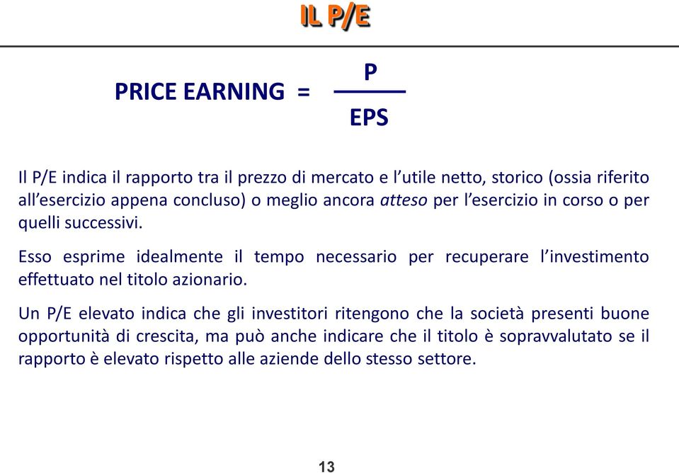 Esso esprime idealmente il tempo necessario per recuperare l investimento effettuato nel titolo azionario.