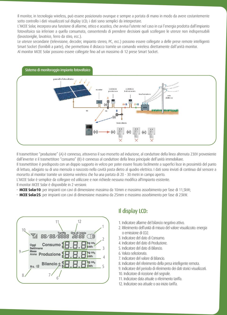 L MCEE Solar, incorpora una funzione di allarme, ottico e acustico, che avvisa l utente nel caso in cui l energia prodotta dall impianto fotovoltaico sia inferiore a quella consumata, consentendo di