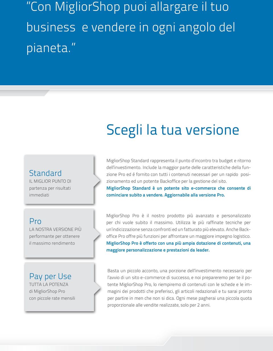 Include la maggior parte delle caratteristiche della funzione Pro ed é fornito con tutti i contenuti necessari per un rapido posizionamento ed un potente Backoffice per la gestione del sito.