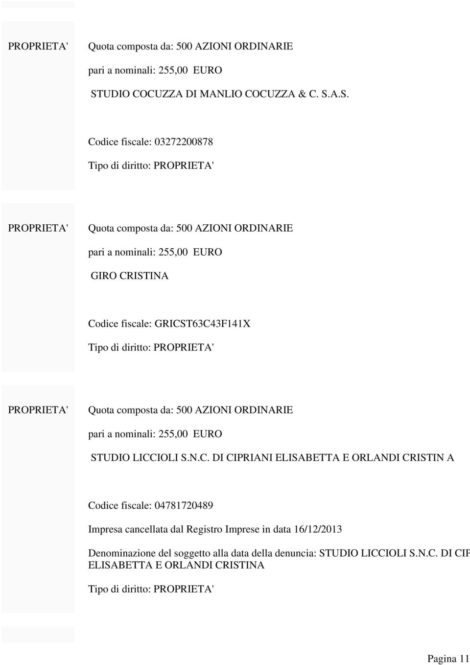 Registro Imprese in data 16/12/2013 Denominazione del soggetto alla data della denuncia: STUDIO