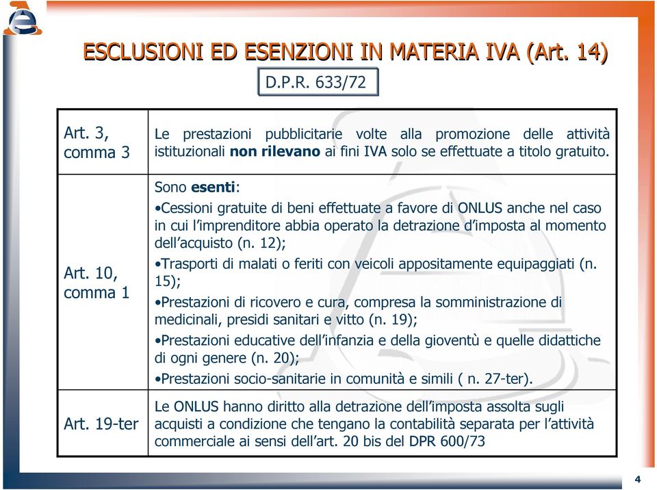 Sono esenti: Cessioni gratuite di beni effettuate a favore di ONLUS anche nel caso in cui l imprenditore abbia operato la detrazione d imposta al momento dell acquisto (n.