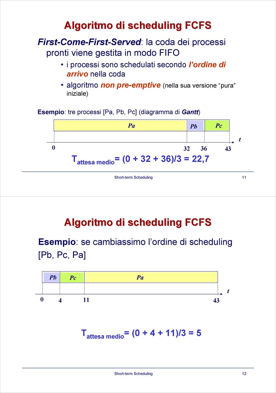 (diagramma di Gantt) Pa Pb Pc 0 32 36 43 T attesa medio = (0 + 32 + 36)/3 = 22,7 t Short-term Scheduling 11 Algoritmo di scheduling FCFS
