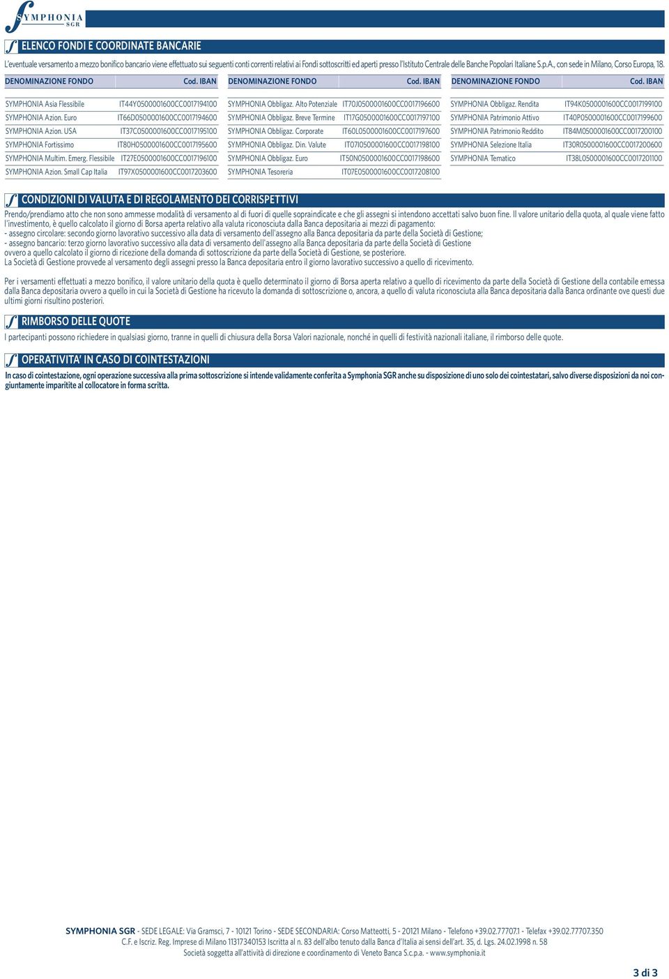 IBAN DENOMINAZIONE FONDO Cod. IBAN SYMPHONIA Asia Flessibile IT44Y0500001600CC0017194100 SYMPHONIA Azion. Euro IT66D0500001600CC0017194600 SYMPHONIA Azion.