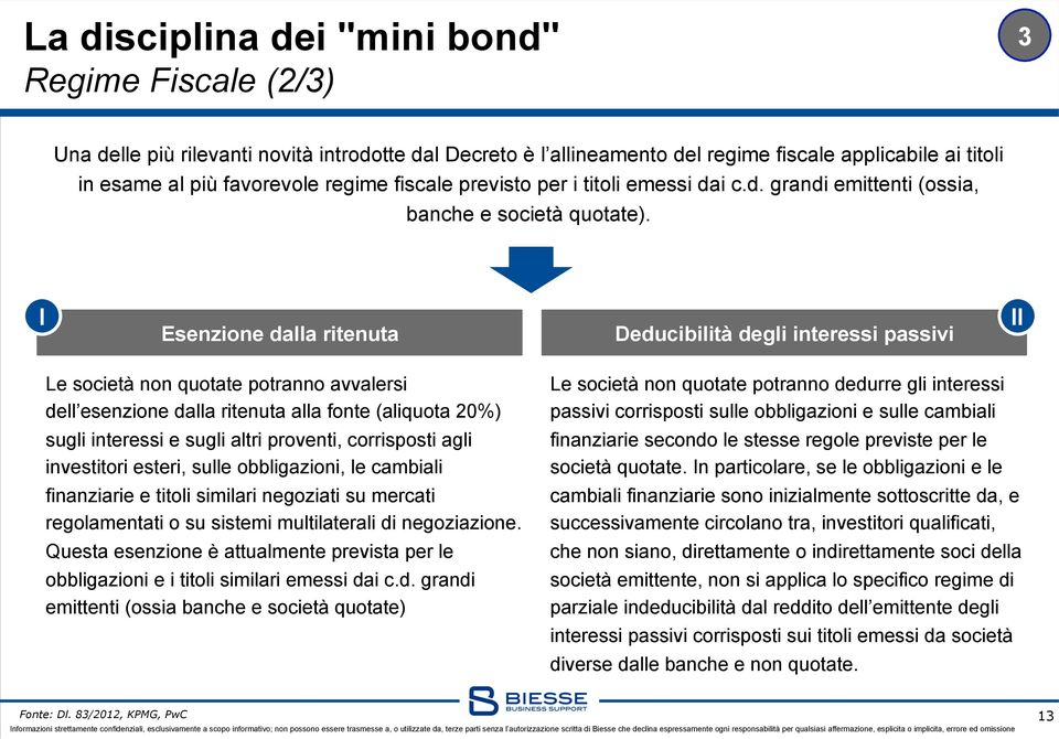 I Esenzione dalla ritenuta Deducibilità degli interessi passivi II Le società non quotate potranno avvalersi dell esenzione dalla ritenuta alla fonte (aliquota 20%) sugli interessi e sugli altri