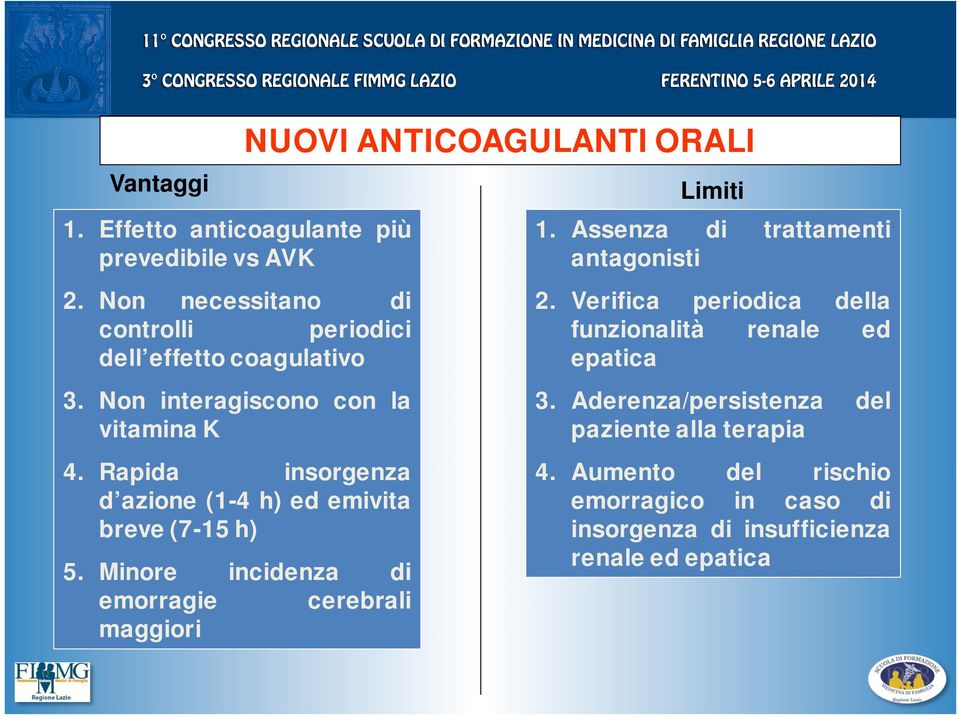 Minore incidenza di emorragie cerebrali maggiori NUOVI ANTICOAGULANTI ORALI Limiti 1. Assenza di trattamenti antagonisti 2.