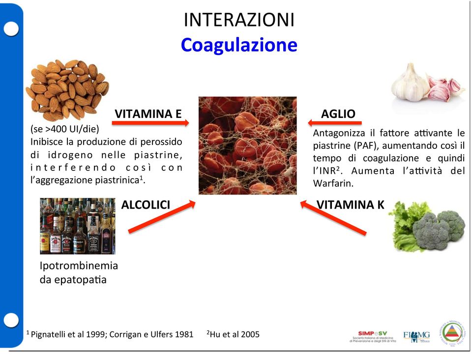 ALCOLICI AGLIO Antagonizza il fa_ore a`vante le piastrine (PAF), aumentando così il tempo di coagulazione