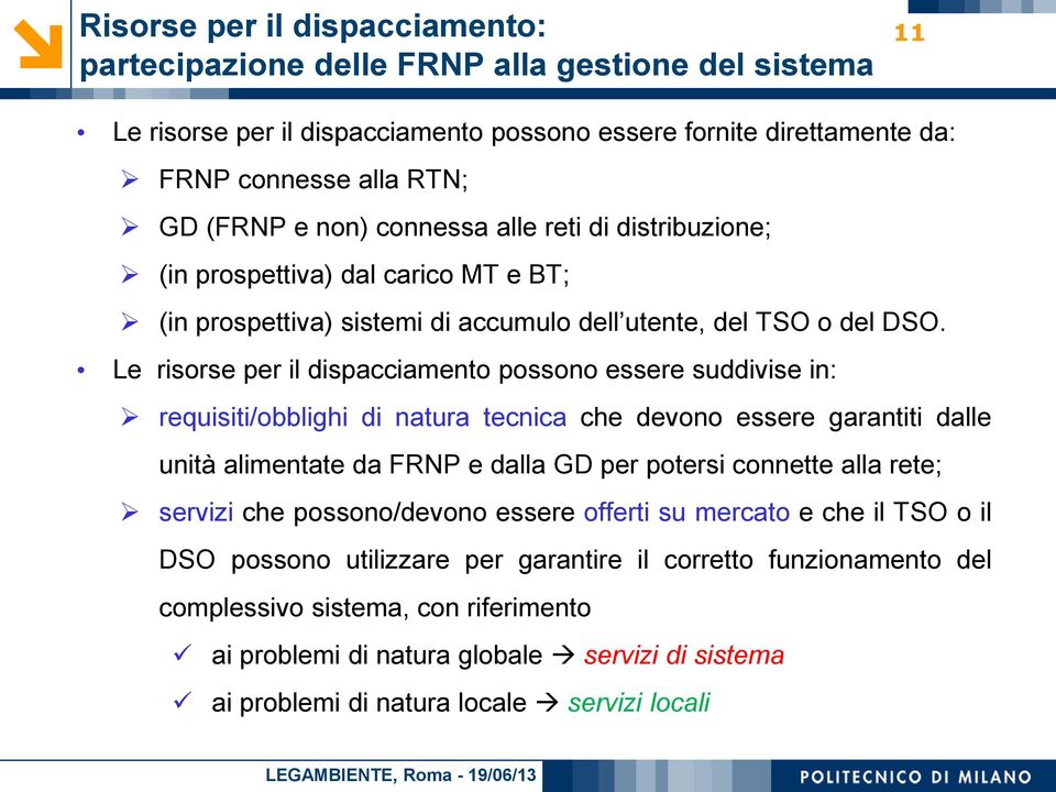 Le risorse per il dispacciamento possono essere suddivise in: requisiti/obblighi di natura tecnica che devono essere garantiti dalle unità alimentate da FRNP e dalla GD per potersi connette alla