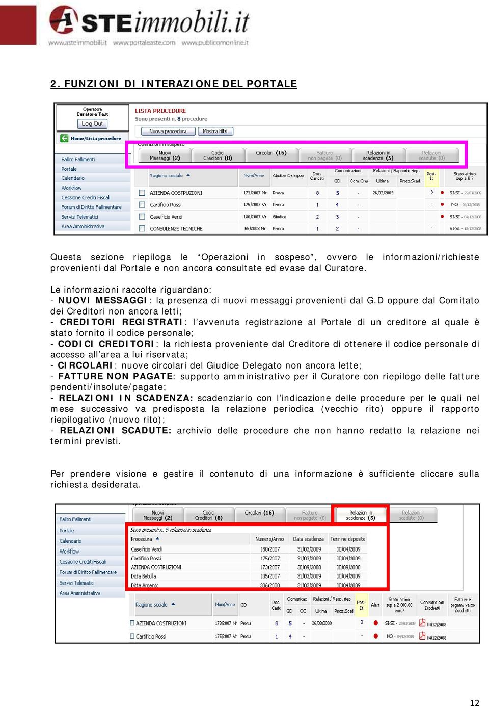 D oppure dal Comitato dei Creditori non ancora letti; - CREDITORI REGISTRATI: l avvenuta registrazione al Portale di un creditore al quale è stato fornito il codice personale; - CODICI CREDITORI: la