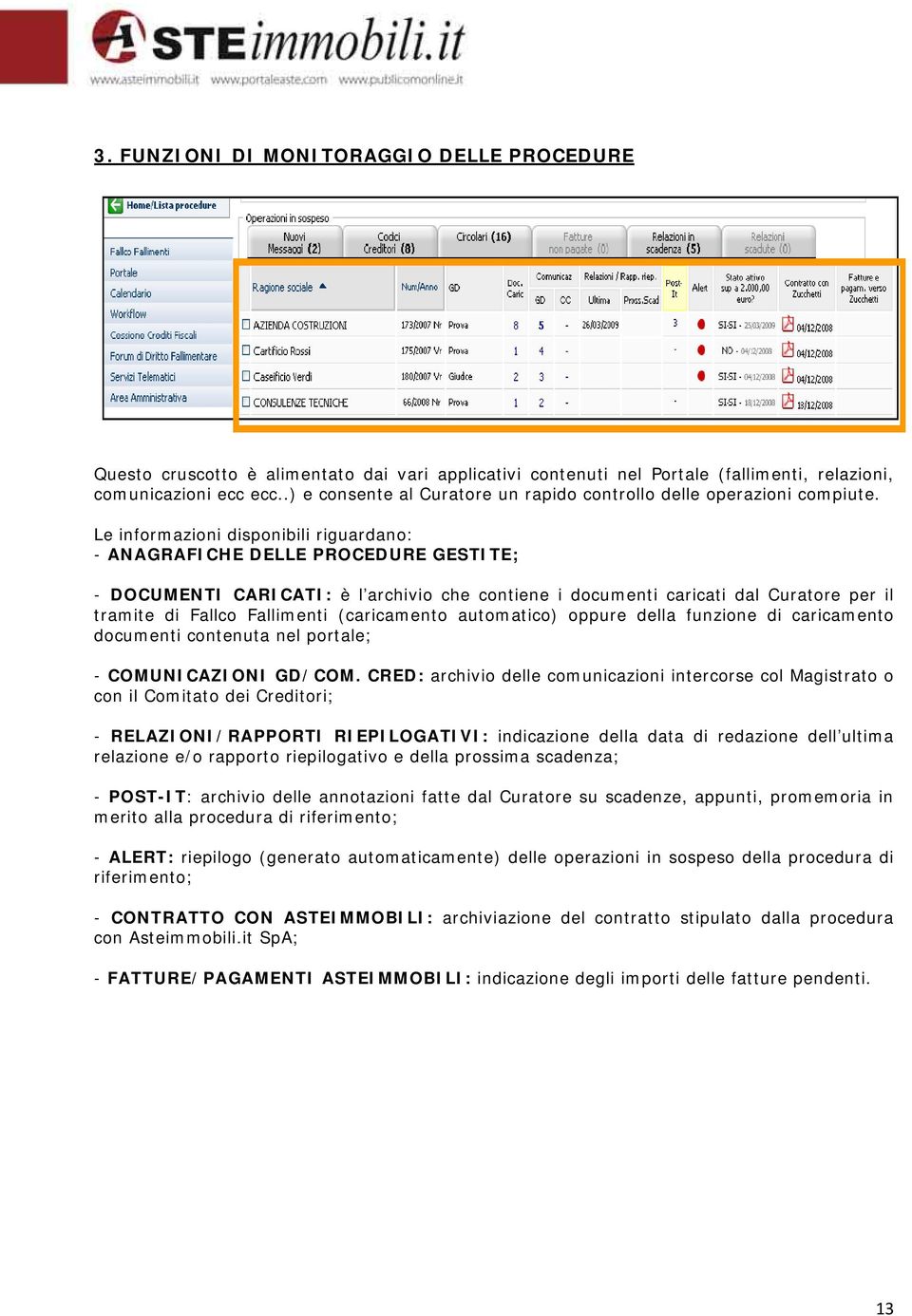 Le informazioni disponibili riguardano: - ANAGRAFICHE DELLE PROCEDURE GESTITE; - DOCUMENTI CARICATI: è l archivio che contiene i documenti caricati dal Curatore per il tramite di Fallco Fallimenti