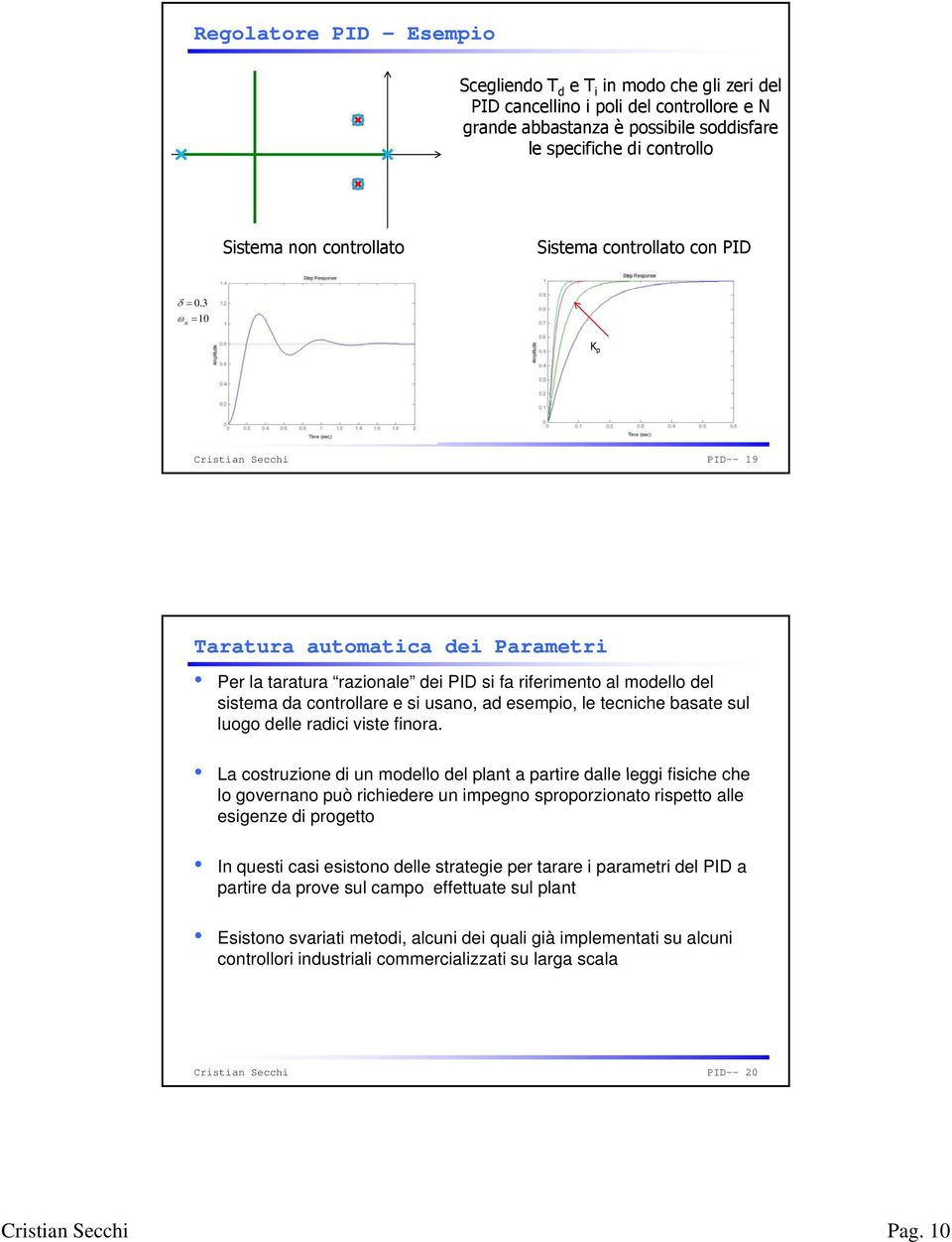 3 =10 ω n K PID-- 19 Taratura automatica dei Parametri Per la taratura razionale dei PID si fa riferimento al modello del sistema da controllare e si usano, ad esemio, le tecniche basate sul luogo