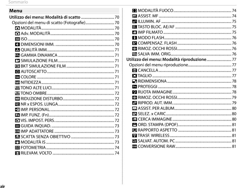 .. 72 K NR x ESPOS. LUNGA... 72 K IMP. PERSONAL.... 72 F IMP. FUNZ. (Fn)... 72 v VIS. IMPOST. PERS.... 72 c GUIDA INQUAD.... 73 l IMP ADATTATORE... 73 m SCATTA SENZA OBIETTIVO... 73 L MODALITÀ IS.