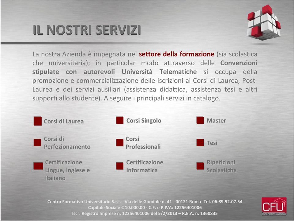 Laurea e dei servizi ausiliari (assistenza didattica, assistenza tesi e altri supporti allo studente). A seguire i principali servizi in catalogo.