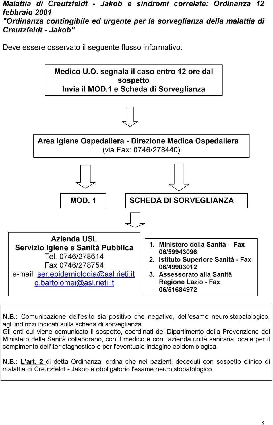 1 e Scheda di Sorveglianza Area Igiene Ospedaliera - Direzione Medica Ospedaliera (via Fax: 0746/278440) MOD. 1 SCHEDA DI SORVEGLIANZA Azienda USL Servizio Igiene e Sanità Pubblica Tel.